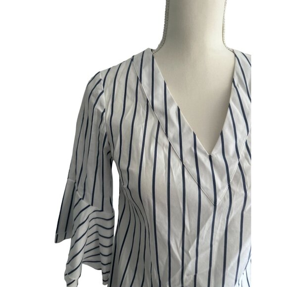 WHITE HOUSE BLACK MARKET WHBM Blue White Striped Shirt Blouse Size 0 - Picture 2 of 7